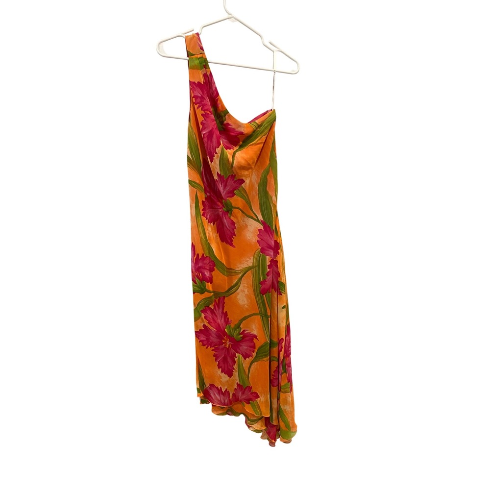 ABS Evening by Allen Schwartz One Shoulder Maxi Dress Floral Orange‎ Pink Sz 14